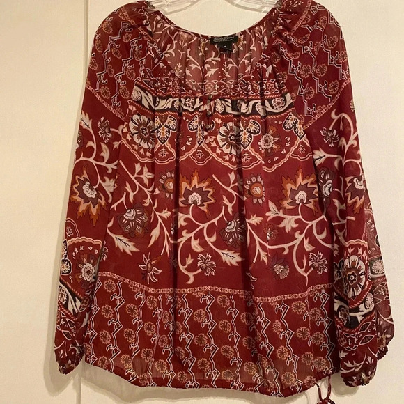 Lucky Brand Women’s Brown & White Floral Long Sleeve Pull-Over Simi-Sheer Top - Picture 2 of 7